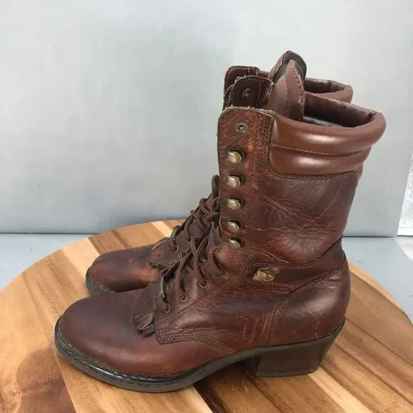 Double H Packer Boots Mens 8.5 Brown Leather Kiltie Lace Up Heeled Mid Calf - Picture 3 of 7